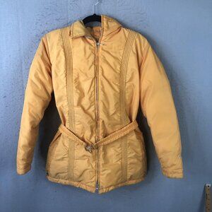 Vintage Gerry Jacket Womens Medium Yellow Down Belted Hooded Ski Coat 70s